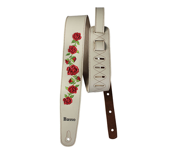 Basso Synthetic Guitar Strap - Beige Floral Embroidered