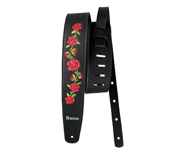 Basso Synthetic Guitar Strap - Black Floral Embroidered