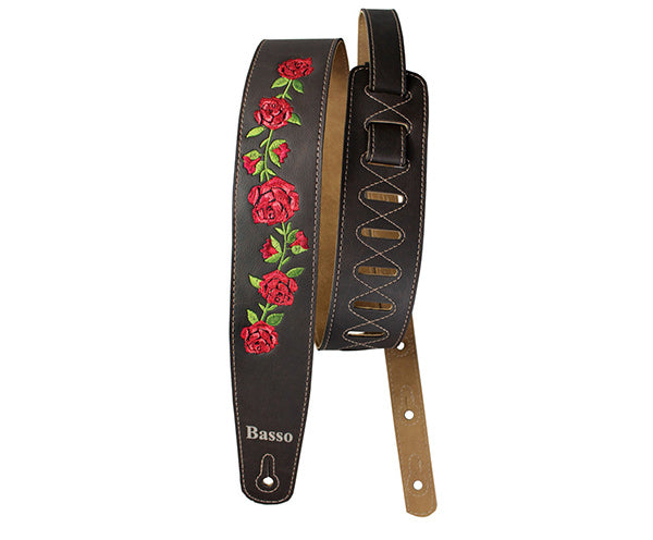 Basso Synthetic Guitar Strap - Brown Floral Embroidered