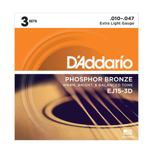 D'Addario EJ15-3D Extra Light Phosphor Bronze Acoustic Guitar Strings (10-47) - 3 Sets - Downtown Music Sydney