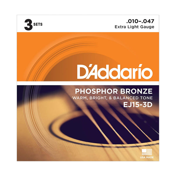 D'Addario EJ15-3D Extra Light Phosphor Bronze Acoustic Guitar Strings (10-47) - 3 Sets
