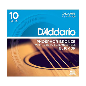 D'Addario EJ16-10P Light Phosphor Bronze Acoustic Guitar Strings (12-53) - 10 Sets - Downtown Music Sydney