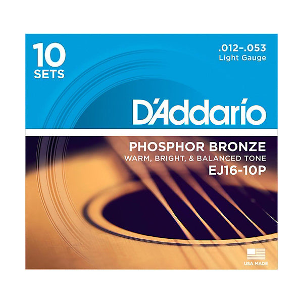 D'Addario EJ16-10P Light Phosphor Bronze Acoustic Guitar Strings (12-53) - 10 Sets