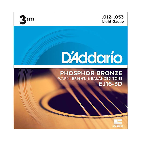 D'Addario EJ16-3D Light Phosphor Bronze Acoustic Guitar Strings (12-53) - 3 Sets