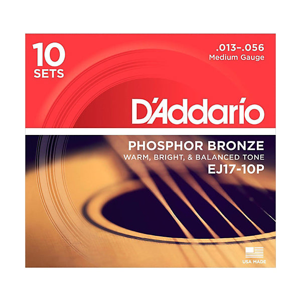 D'Addario EJ17-10P Medium Phosphor Bronze Acoustic Guitar Strings (13-56) - 10 Sets