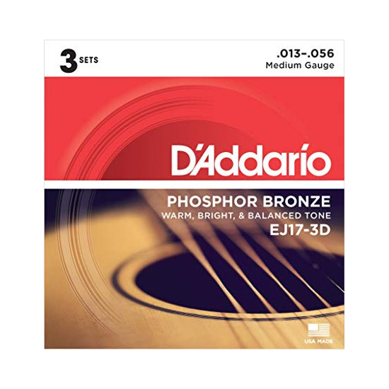 D'Addario EJ17-3D Medium Phosphor Bronze Acoustic Guitar Strings (13-56) - 3 Sets