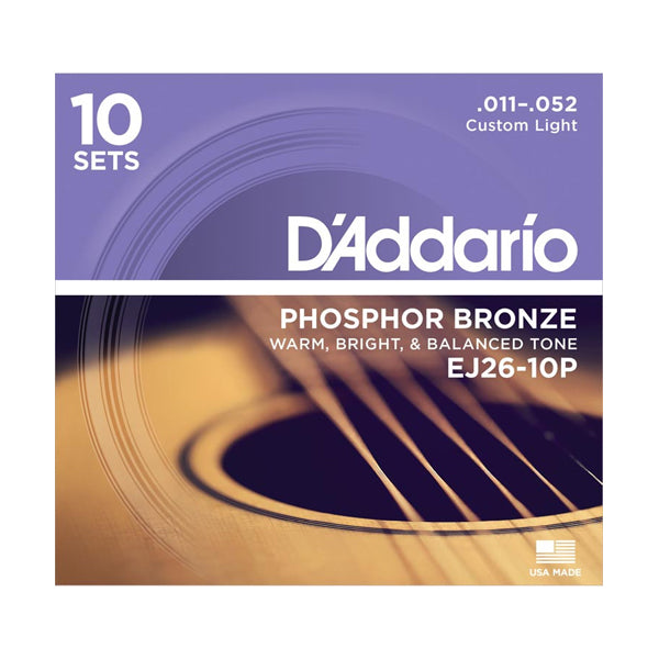 D'Addario EJ26-10P Custom Light Phosphor Bronze Acoustic Guitar Strings (11-52) - 10 Sets