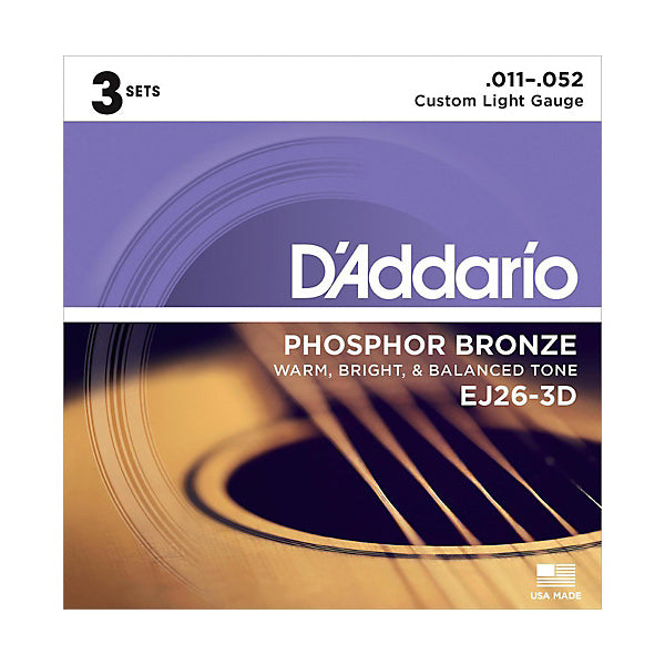 D'Addario EJ26-3D Custom Light Phosphor Bronze Acoustic Guitar Strings (11-52) - 3 Sets