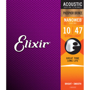 Elixir 16002 Nanoweb Phosphor Bronze Extra Light Acoustic Guitar Strings (10-47)