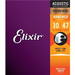 Elixir 16152 Nanoweb Phosphor Bronze Light Acoustic 12-String Guitar Strings (10-47) - Downtown Music Sydney