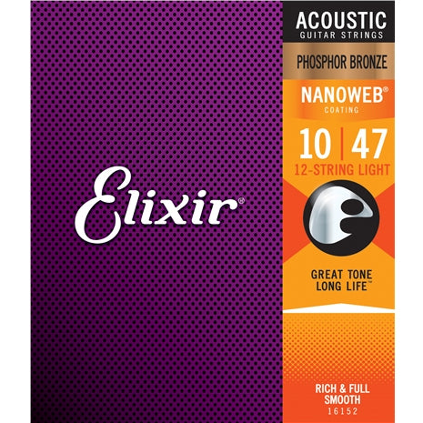 Elixir 16152 Nanoweb Phosphor Bronze Light Acoustic 12-String Guitar Strings (10-47)
