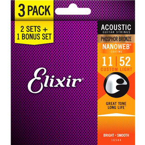 Elixir 16027 3-PACK Nanoweb Phosphor Bronze Custom Light Acoustic Guitar Strings (11-52)