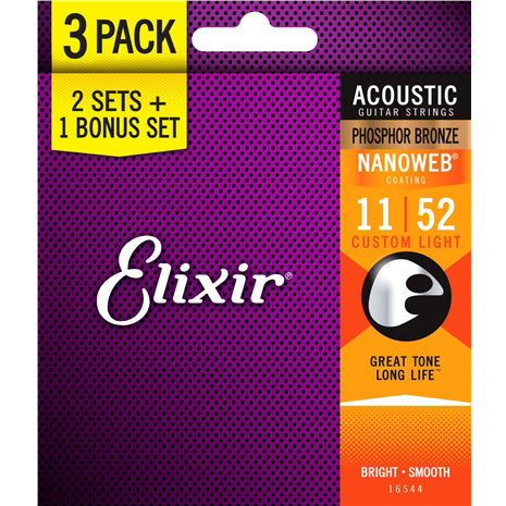 Elixir 16027 3-PACK Nanoweb Phosphor Bronze Custom Light Acoustic Guitar Strings (11-52)