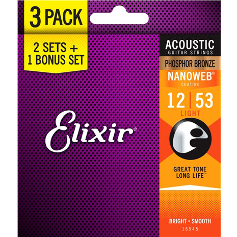 Elixir 16052 3-PACK Nanoweb Phosphor Bronze Light Acoustic Guitar Strings (12-53)