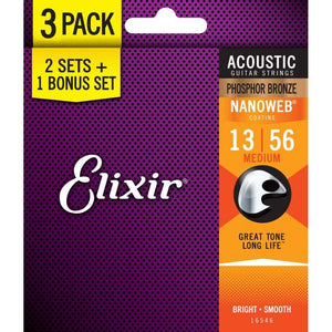 Elixir 16546 3-PACK Nanoweb Phosphor Bronze Medium Acoustic Guitar Strings (13-56)