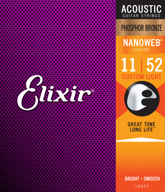 Elixir 16027 Nanoweb Phosphor Bronze Custom Light Acoustic Guitar Strings (11-52)