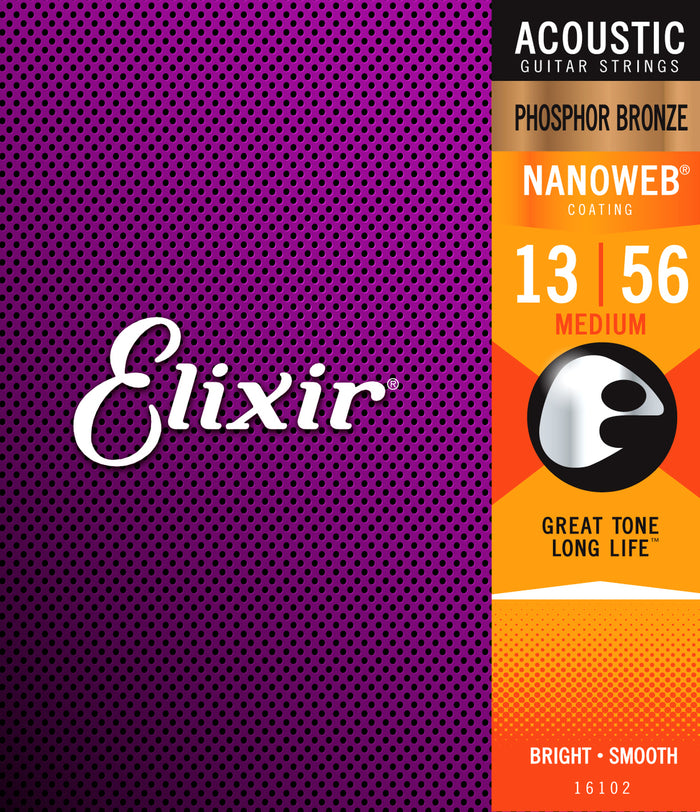Elixir 16102 Nanoweb Phosphor Bronze Medium Acoustic Guitar Strings (13-56)